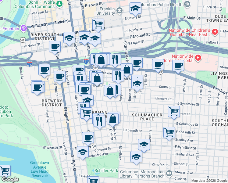 map of restaurants, bars, coffee shops, grocery stores, and more near 281 Lear Street in Columbus