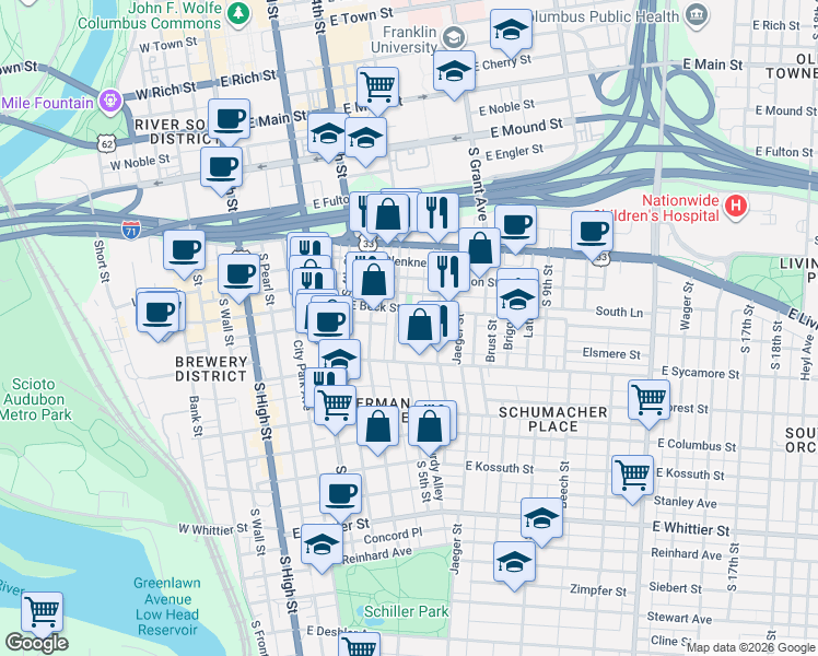 map of restaurants, bars, coffee shops, grocery stores, and more near 220 East Sycamore Street in Columbus