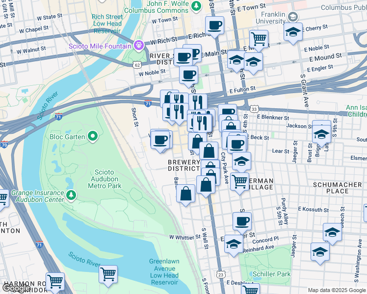 map of restaurants, bars, coffee shops, grocery stores, and more near in Columbus