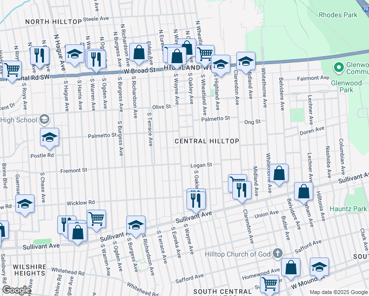 map of restaurants, bars, coffee shops, grocery stores, and more near 285 South Wayne Avenue in Columbus