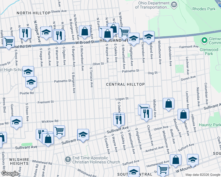 map of restaurants, bars, coffee shops, grocery stores, and more near 285 South Wayne Avenue in Columbus