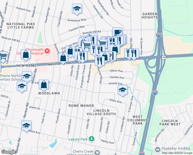 map of restaurants, bars, coffee shops, grocery stores, and more near 129 Redmond Road in Columbus