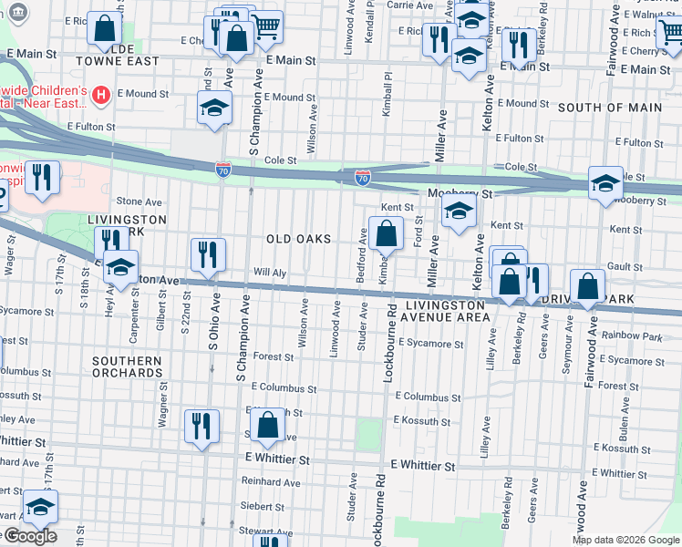 map of restaurants, bars, coffee shops, grocery stores, and more near 1226 East Livingston Avenue in Columbus
