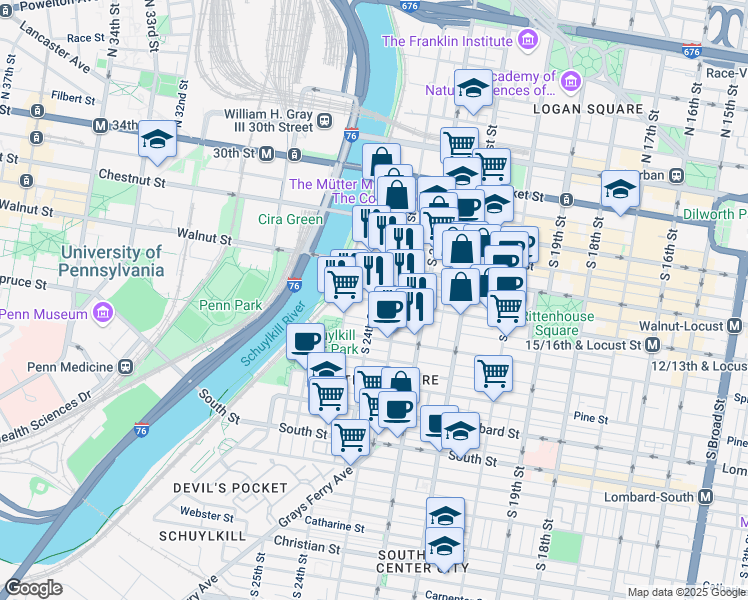 map of restaurants, bars, coffee shops, grocery stores, and more near Locust St & S 24th St in Philadelphia