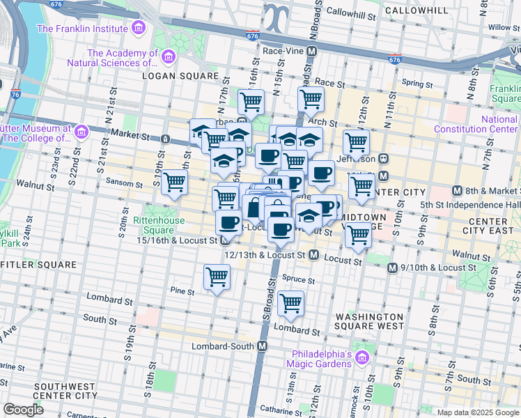 map of restaurants, bars, coffee shops, grocery stores, and more near 127 South 15th Street in Philadelphia