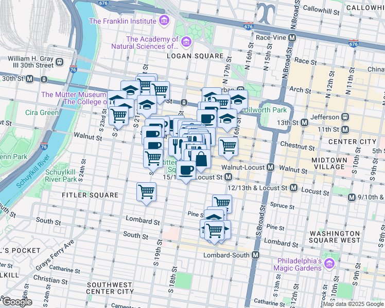 map of restaurants, bars, coffee shops, grocery stores, and more near 1800 Walnut Street in Philadelphia