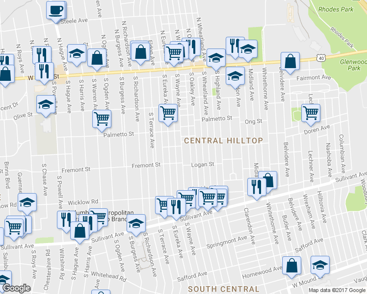 map of restaurants, bars, coffee shops, grocery stores, and more near 285 South Wayne Avenue in Columbus