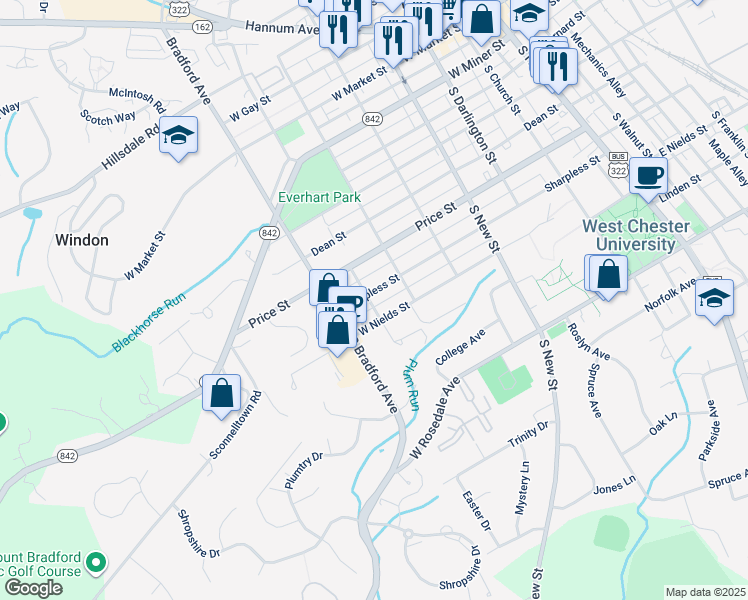 map of restaurants, bars, coffee shops, grocery stores, and more near 524 Sharpless Street in West Chester