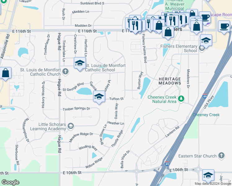 map of restaurants, bars, coffee shops, grocery stores, and more near 11179 Avery Row in Fishers