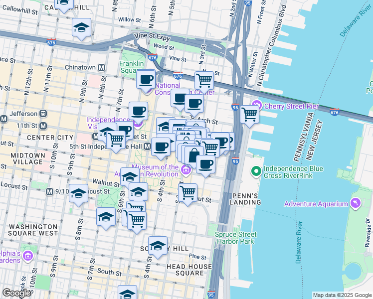 map of restaurants, bars, coffee shops, grocery stores, and more near 1 South 3rd Street in Philadelphia