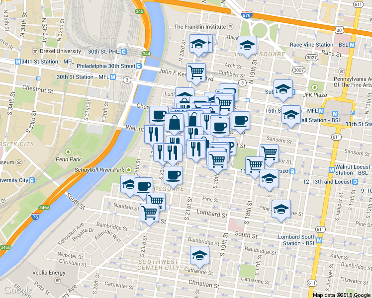 map of restaurants, bars, coffee shops, grocery stores, and more near 2130 Saint James Street in Philadelphia