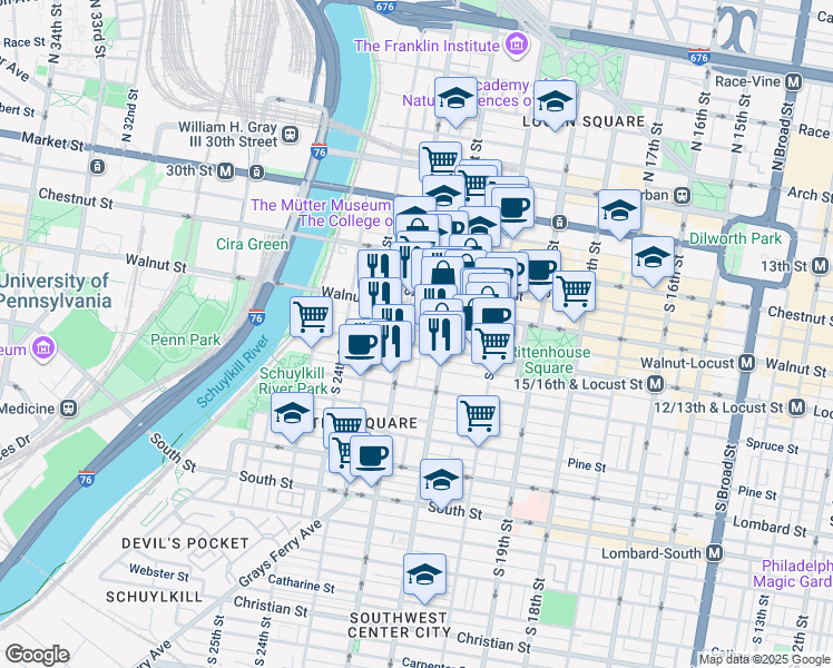map of restaurants, bars, coffee shops, grocery stores, and more near 2132 Saint James Street in Philadelphia