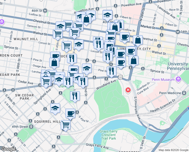 map of restaurants, bars, coffee shops, grocery stores, and more near 4045 Baltimore Avenue in Philadelphia