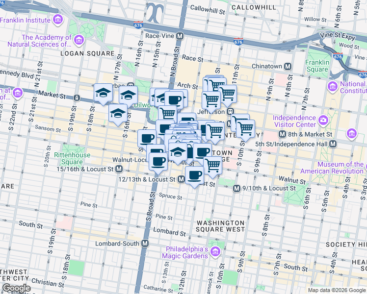 map of restaurants, bars, coffee shops, grocery stores, and more near 1247 Walnut Street in Philadelphia