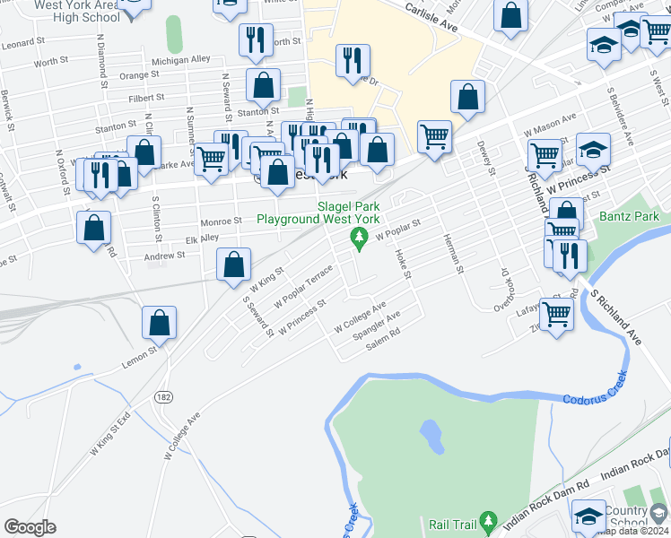 map of restaurants, bars, coffee shops, grocery stores, and more near 1400 West Poplar Terrace in York