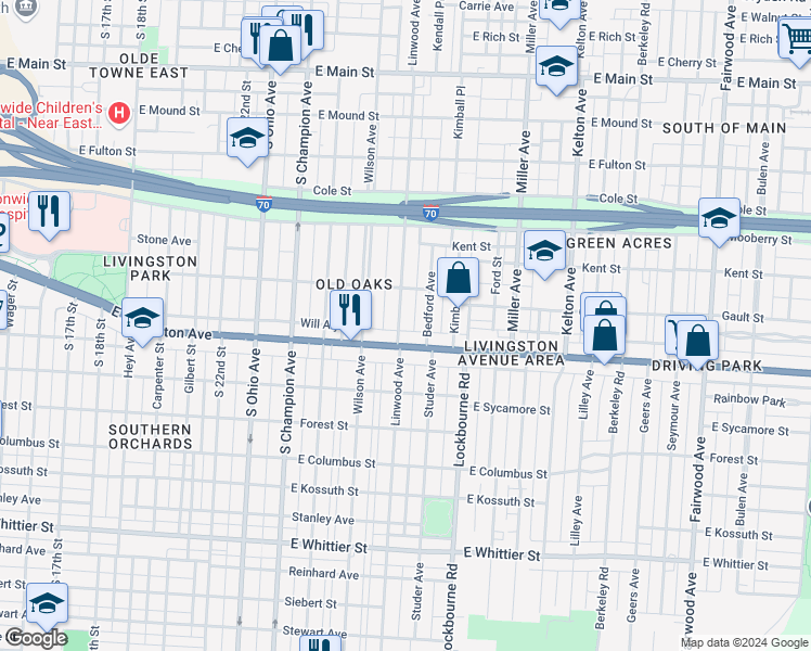 map of restaurants, bars, coffee shops, grocery stores, and more near 770 Linwood Avenue in Columbus