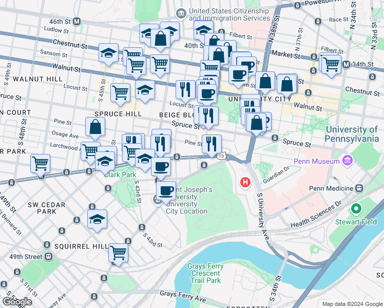 map of restaurants, bars, coffee shops, grocery stores, and more near 4017 Baltimore Avenue in Philadelphia