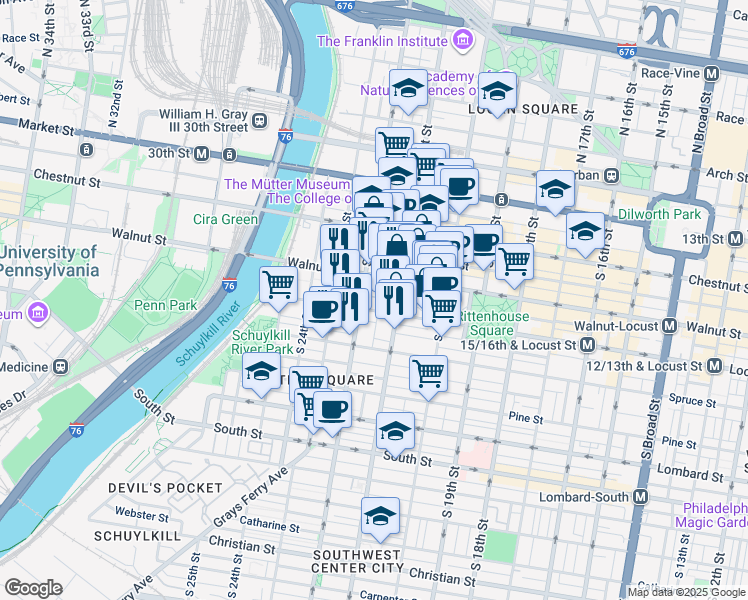 map of restaurants, bars, coffee shops, grocery stores, and more near 2130 Saint James Street in Philadelphia