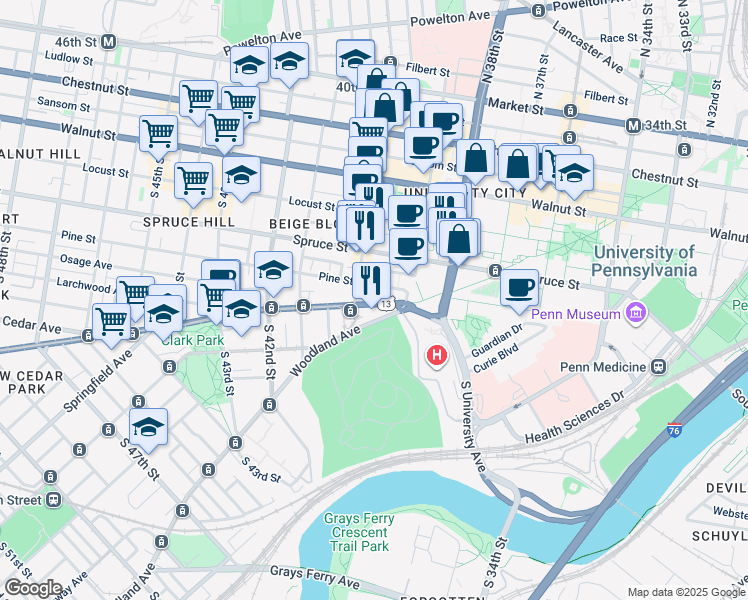 map of restaurants, bars, coffee shops, grocery stores, and more near 3955 Baltimore Avenue in Philadelphia