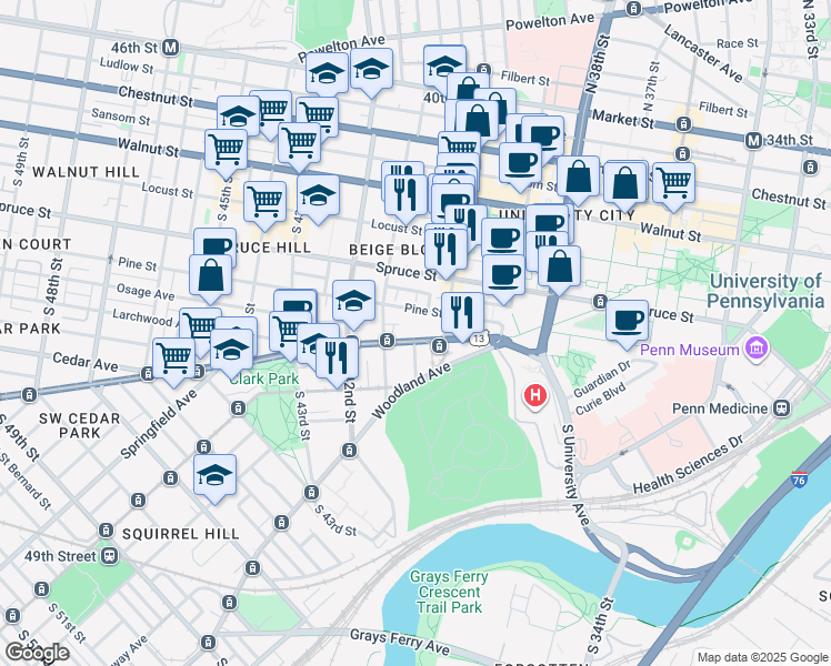 map of restaurants, bars, coffee shops, grocery stores, and more near 4033 Baltimore Avenue in Philadelphia