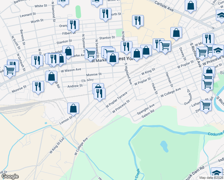 map of restaurants, bars, coffee shops, grocery stores, and more near 1527 West King Street in York