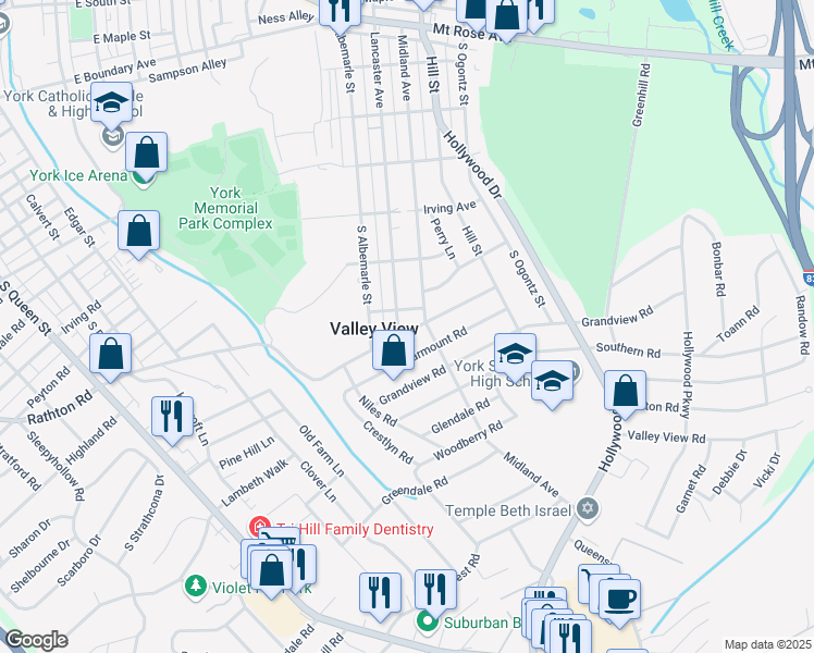 map of restaurants, bars, coffee shops, grocery stores, and more near 1399 Lancaster Avenue in York