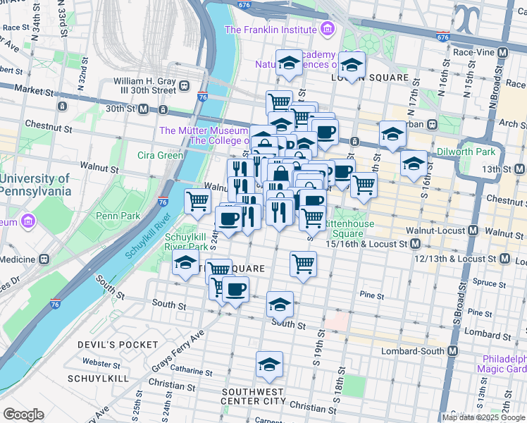 map of restaurants, bars, coffee shops, grocery stores, and more near 2132 Saint James Street in Philadelphia