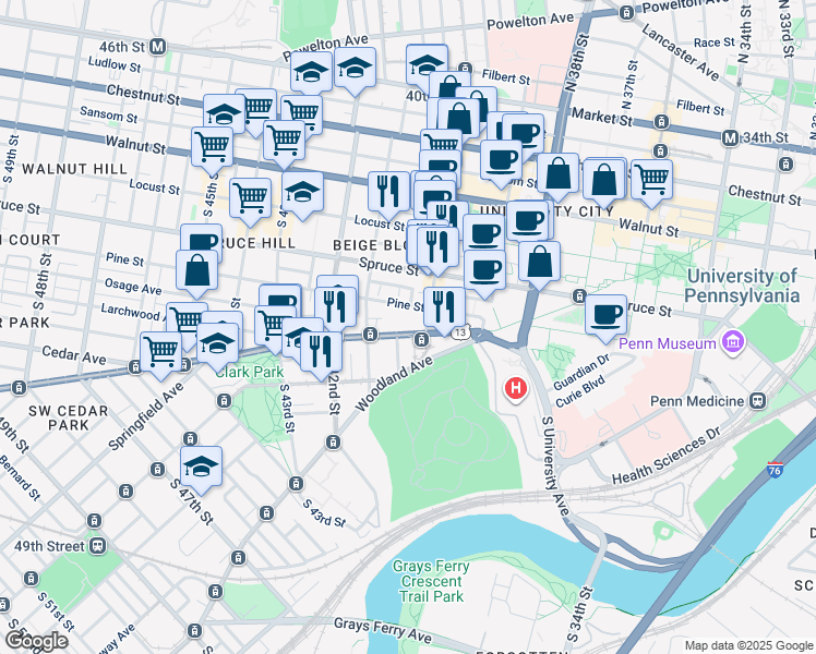 map of restaurants, bars, coffee shops, grocery stores, and more near 4015 Baltimore Avenue in Philadelphia