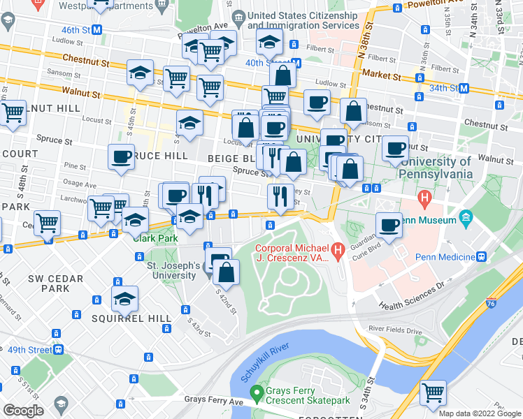 map of restaurants, bars, coffee shops, grocery stores, and more near 4009 Baltimore Avenue in Philadelphia