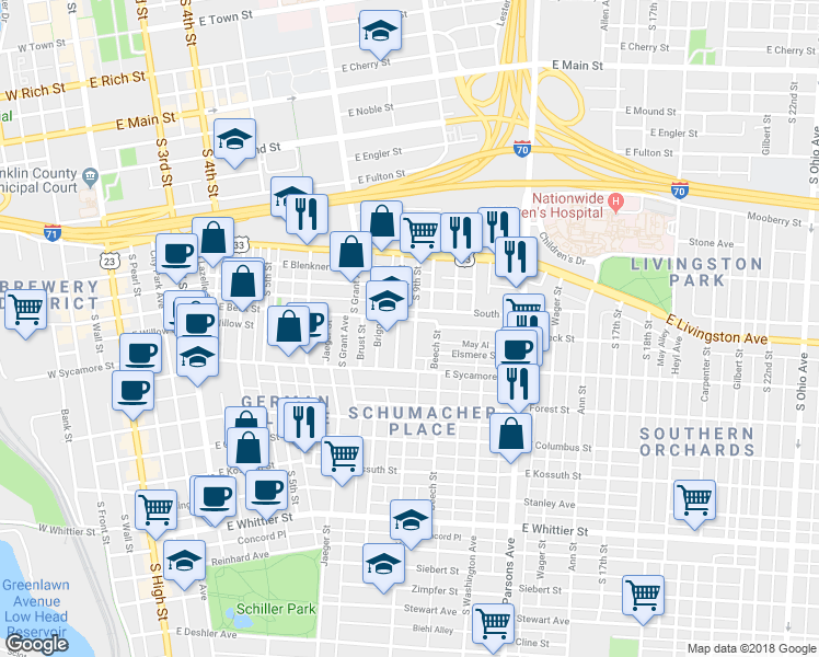 map of restaurants, bars, coffee shops, grocery stores, and more near 645 South 9th Street in Columbus