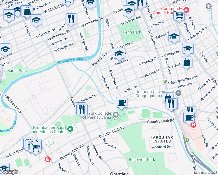 map of restaurants, bars, coffee shops, grocery stores, and more near 335 West Jackson Street in York