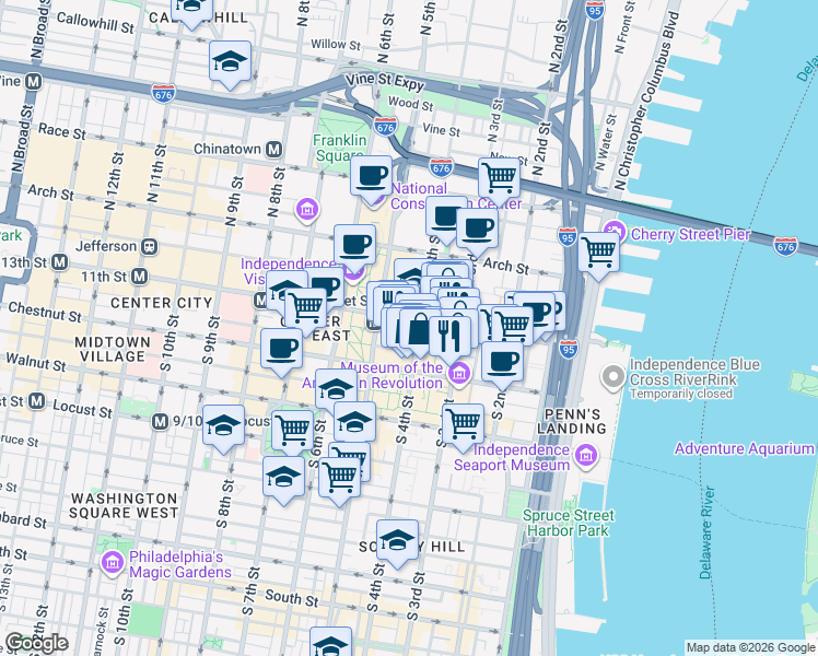 map of restaurants, bars, coffee shops, grocery stores, and more near 400 Market Street in Philadelphia