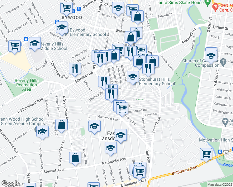 map of restaurants, bars, coffee shops, grocery stores, and more near 7119 Guilford Road in Upper Darby