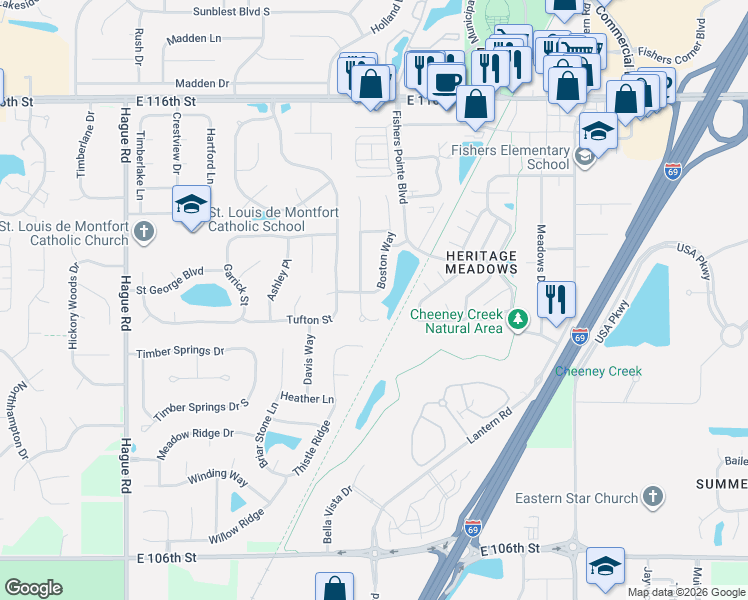map of restaurants, bars, coffee shops, grocery stores, and more near 11126 Harrington Lane in Fishers