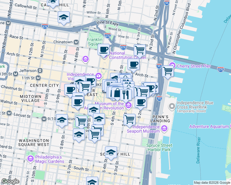 map of restaurants, bars, coffee shops, grocery stores, and more near 39 South 4th Street in Philadelphia
