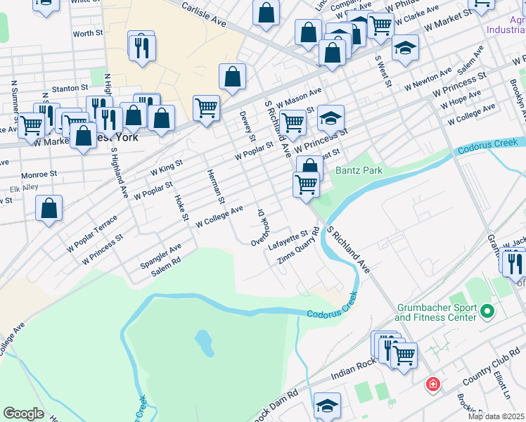 map of restaurants, bars, coffee shops, grocery stores, and more near 1109 Olson Street in York