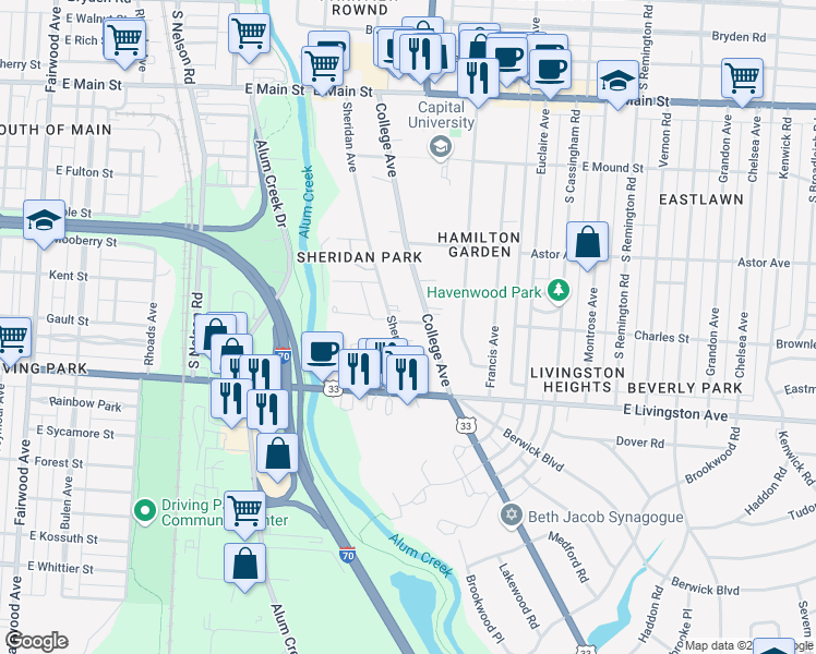 map of restaurants, bars, coffee shops, grocery stores, and more near 2205 Charles Street in Bexley