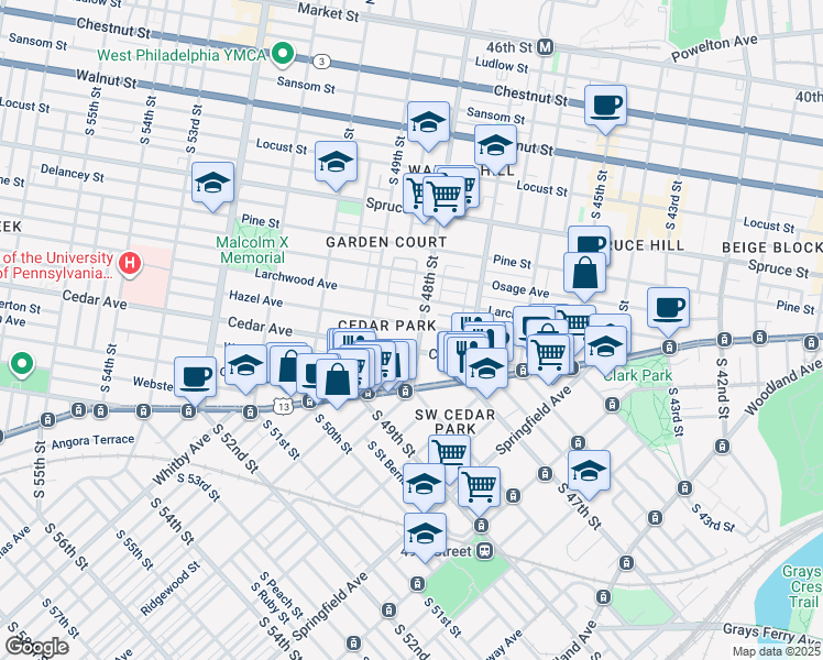 map of restaurants, bars, coffee shops, grocery stores, and more near 542 South 48th Street in Philadelphia