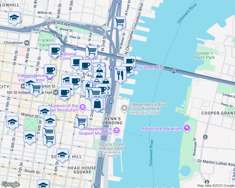 map of restaurants, bars, coffee shops, grocery stores, and more near 7 North Christopher Columbus Boulevard in Philadelphia