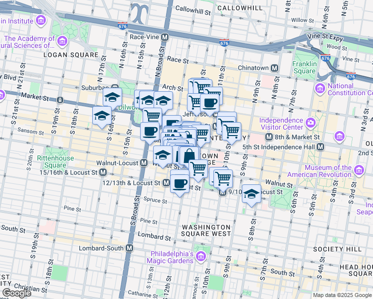 map of restaurants, bars, coffee shops, grocery stores, and more near 1214 Walnut Street in Philadelphia