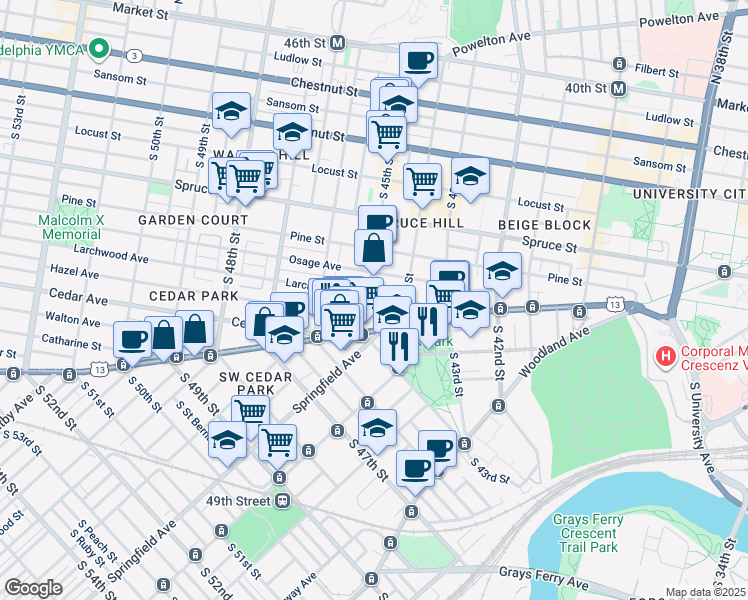 map of restaurants, bars, coffee shops, grocery stores, and more near 501 South 45th Street in Philadelphia