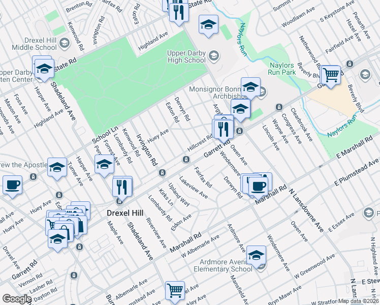 map of restaurants, bars, coffee shops, grocery stores, and more near in Drexel Hill