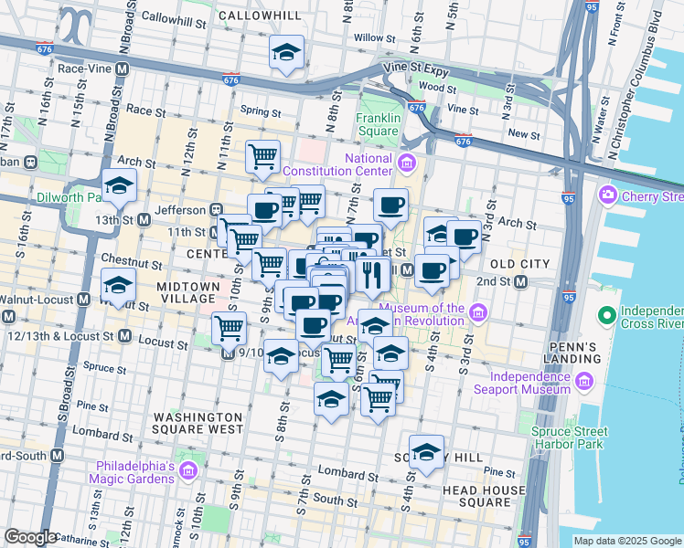 map of restaurants, bars, coffee shops, grocery stores, and more near 15 South 7th Street in Philadelphia