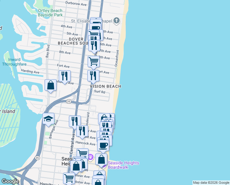 map of restaurants, bars, coffee shops, grocery stores, and more near 16 Dune Terrace in Seaside Heights