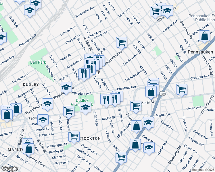 map of restaurants, bars, coffee shops, grocery stores, and more near 118 North 35th Street in Camden