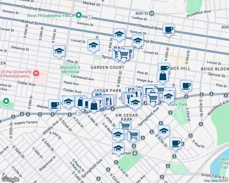 map of restaurants, bars, coffee shops, grocery stores, and more near 542 South 48th Street in Philadelphia