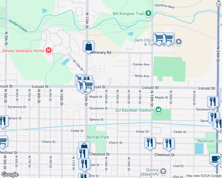 map of restaurants, bars, coffee shops, grocery stores, and more near 1500 N 14th St in Quincy