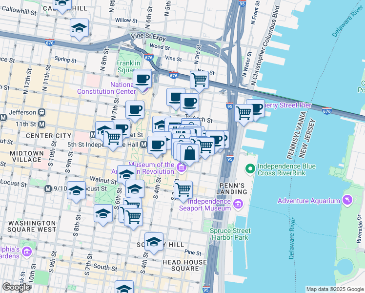 map of restaurants, bars, coffee shops, grocery stores, and more near Market Street & South 3rd Street in Philadelphia