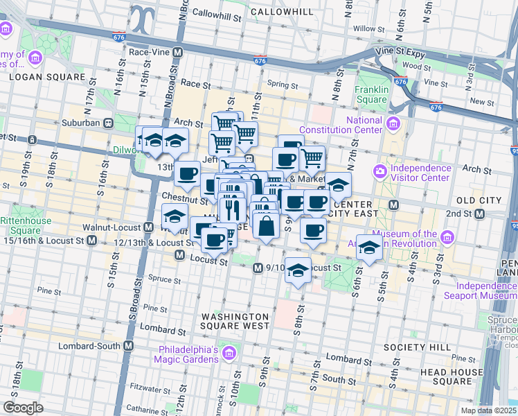 map of restaurants, bars, coffee shops, grocery stores, and more near 1015 Chestnut Street in Philadelphia