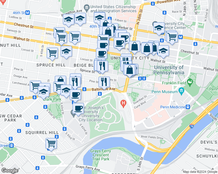 map of restaurants, bars, coffee shops, grocery stores, and more near 3935 Baltimore Avenue in Philadelphia